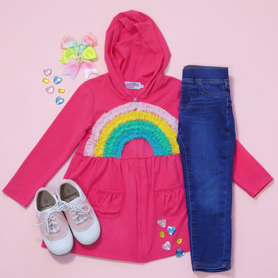 PREORDER - Hooded Cardigan - Pink + Bright Rainbow