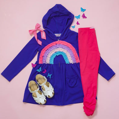 PREORDER - Hooded Cardigan - Blue + Pastel Rainbow