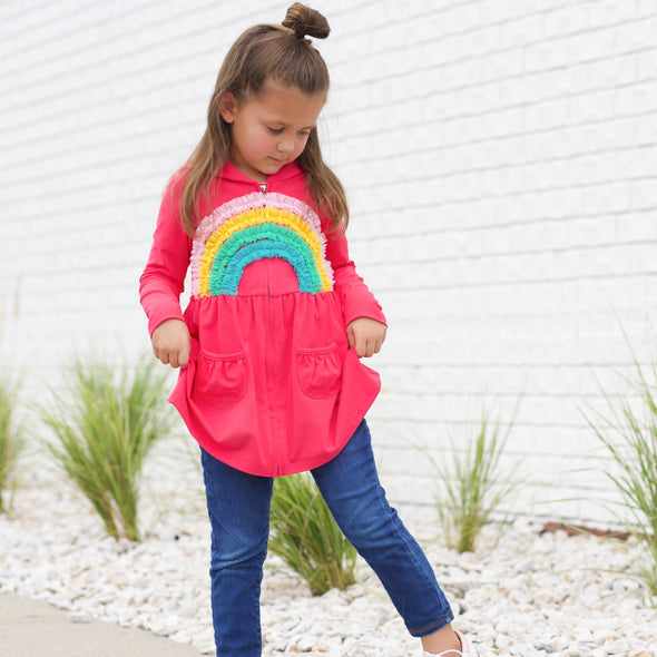 Hooded Cardigan - Pink + Bright Rainbow