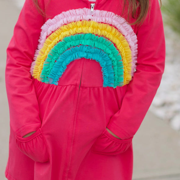 Hooded Cardigan - Pink + Bright Rainbow