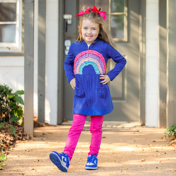 Hooded Cardigan - Blue + Pastel Rainbow