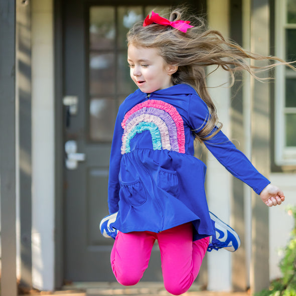 Hooded Cardigan - Blue + Pastel Rainbow