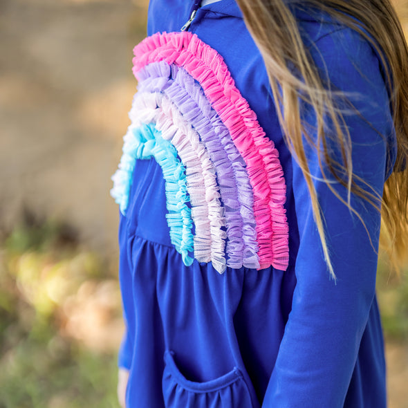 Hooded Cardigan - Blue + Pastel Rainbow