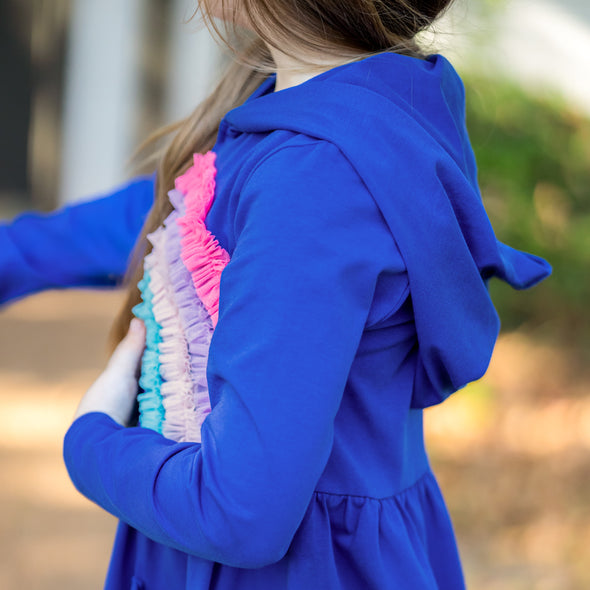 Hooded Cardigan - Blue + Pastel Rainbow