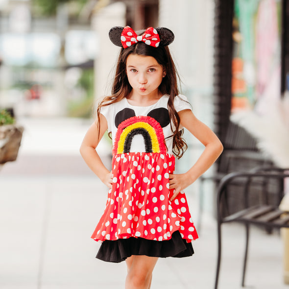 Lucy Dress - Rainbow Mouse in Red Dot