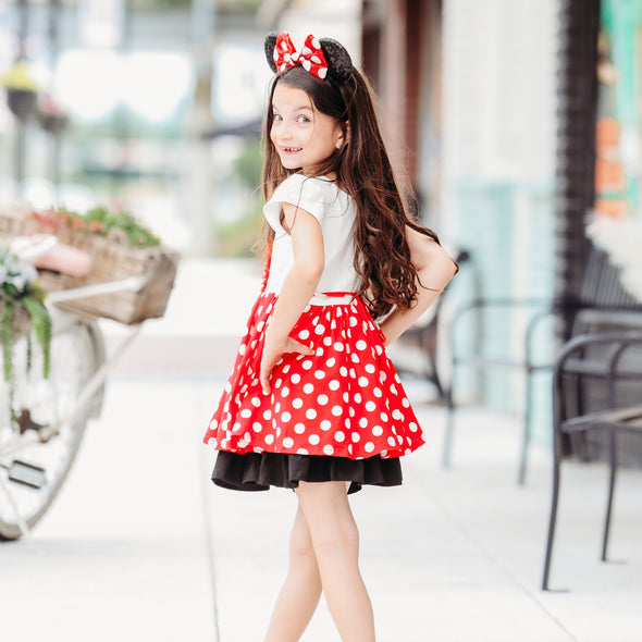 Lucy Dress - Rainbow Mouse in Red Dot