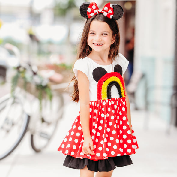 Lucy Dress - Rainbow Mouse in Red Dot