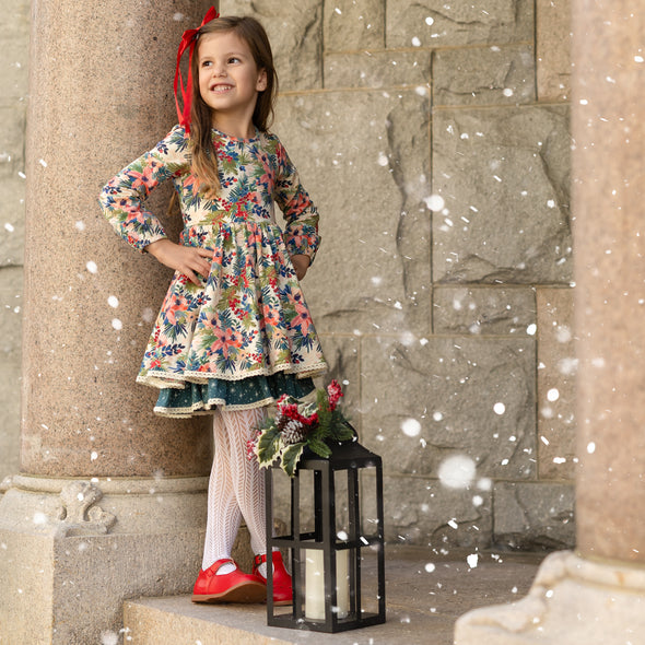 PREORDER - Double Layer Twirl Dress - Christmas Pine & Berries