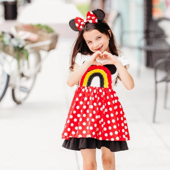 Lucy Dress - Rainbow Mouse in Red Dot